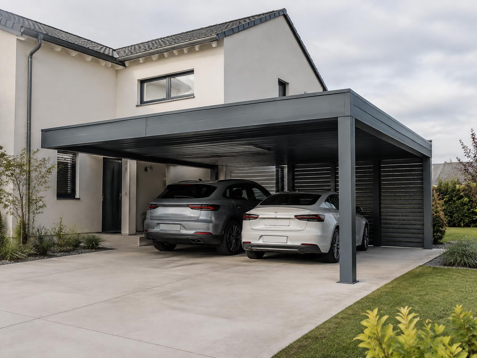 Hliníkový carport pre dve vozidlá pri rodinnom dome